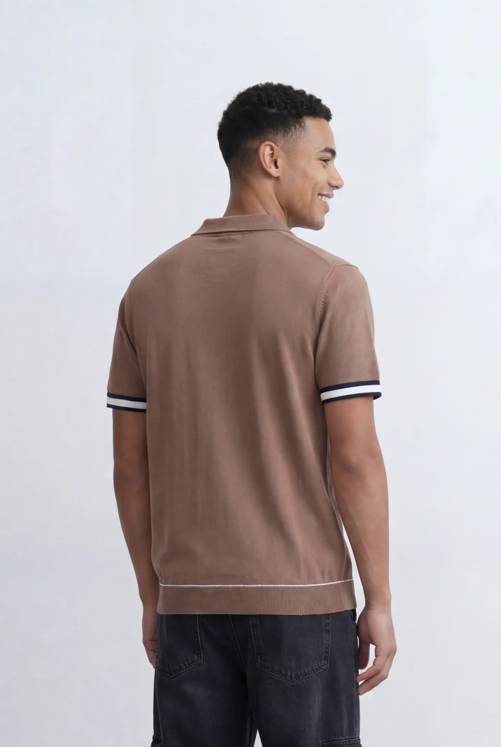 Men’s Tomato Store Knit Polo Contrast Stripe Sleeve Details Ribbed Hem Finish Slim Fit T-Shirt - Image 2