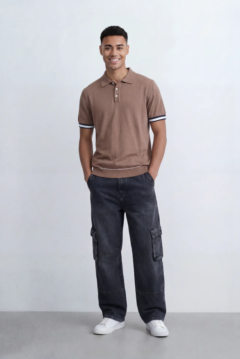 Men’s Tomato Store Knit Polo Contrast Stripe Sleeve Details Ribbed Hem Finish Slim Fit T-Shirt - Image 3