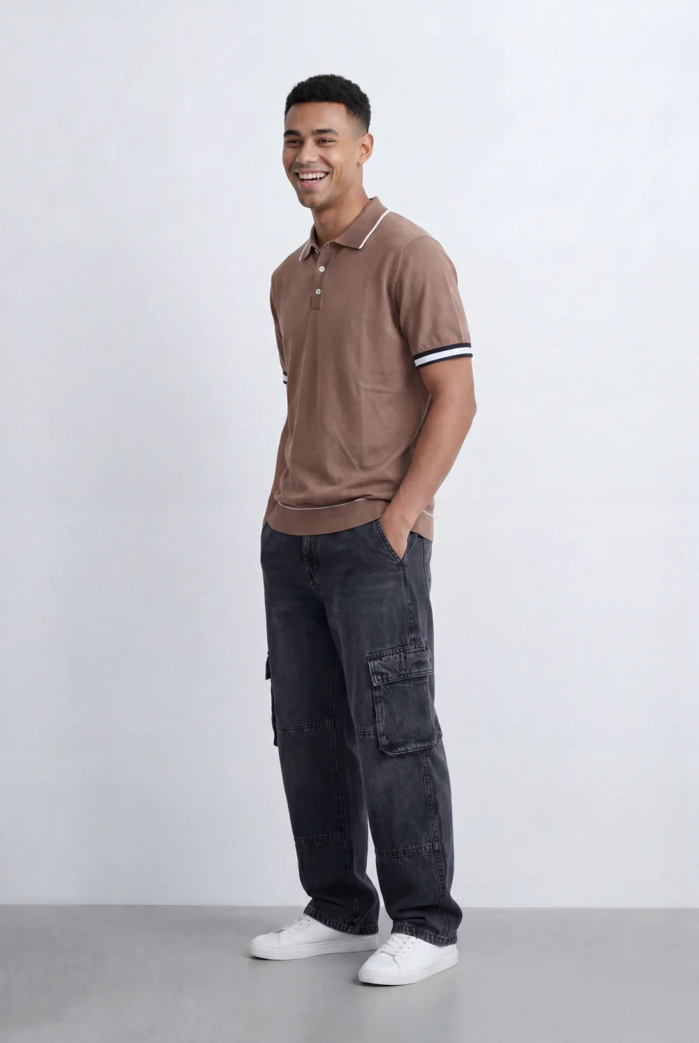 Men’s Tomato Store Knit Polo Contrast Stripe Sleeve Details Ribbed Hem Finish Slim Fit T-Shirt - Image 4