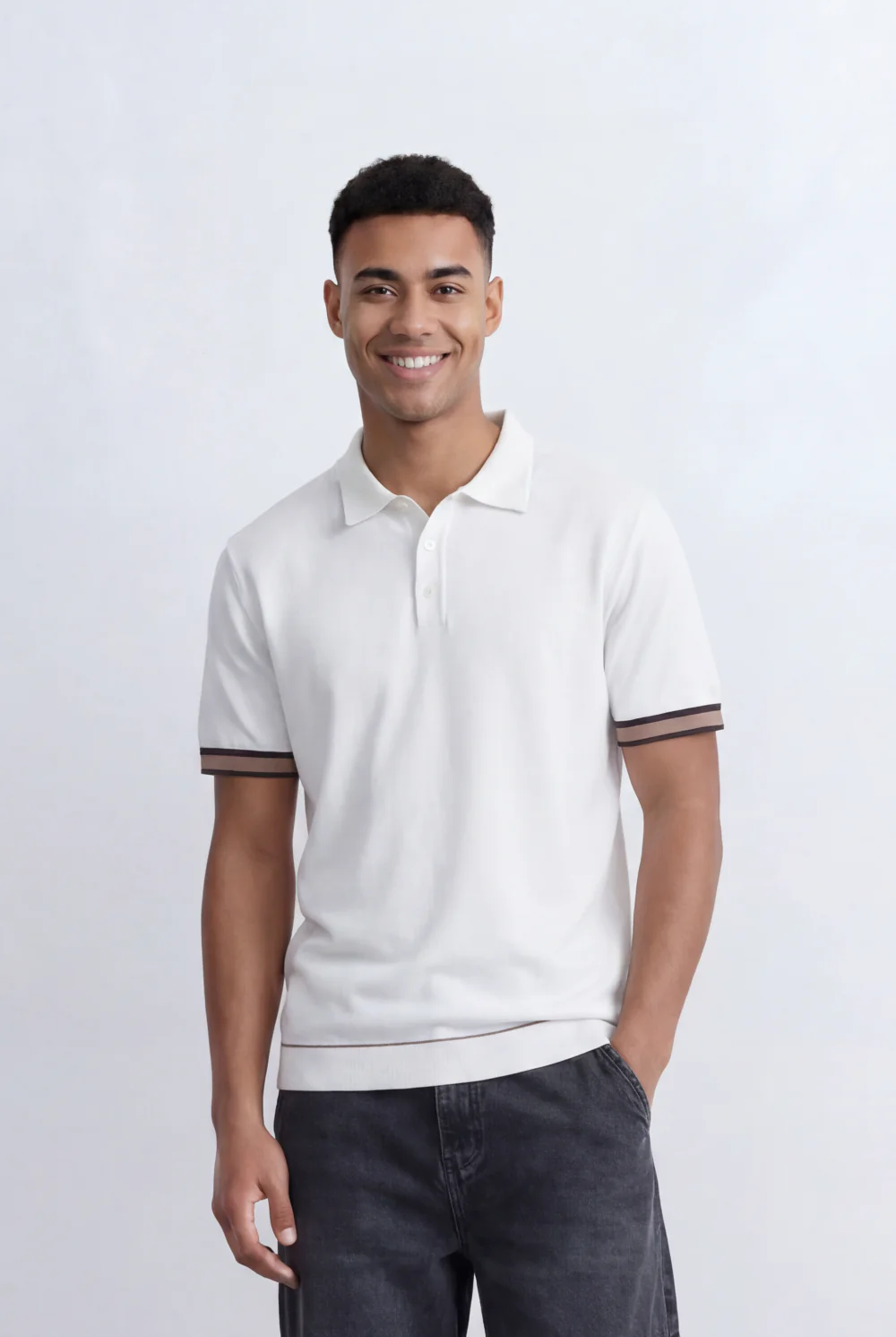 Men’s Tomato Store Knit Polo Contrast Stripe Sleeve Details Ribbed Hem Finish Slim Fit T-Shirt - Image 5