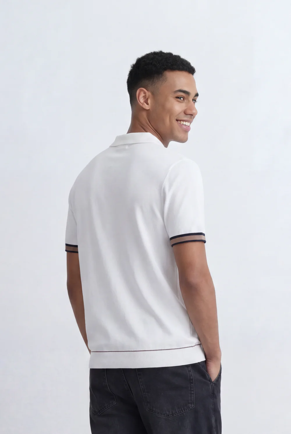 Men’s Tomato Store Knit Polo Contrast Stripe Sleeve Details Ribbed Hem Finish Slim Fit T-Shirt - Image 6