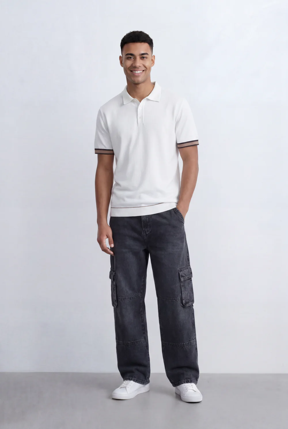 Men’s Tomato Store Knit Polo Contrast Stripe Sleeve Details Ribbed Hem Finish Slim Fit T-Shirt - Image 7