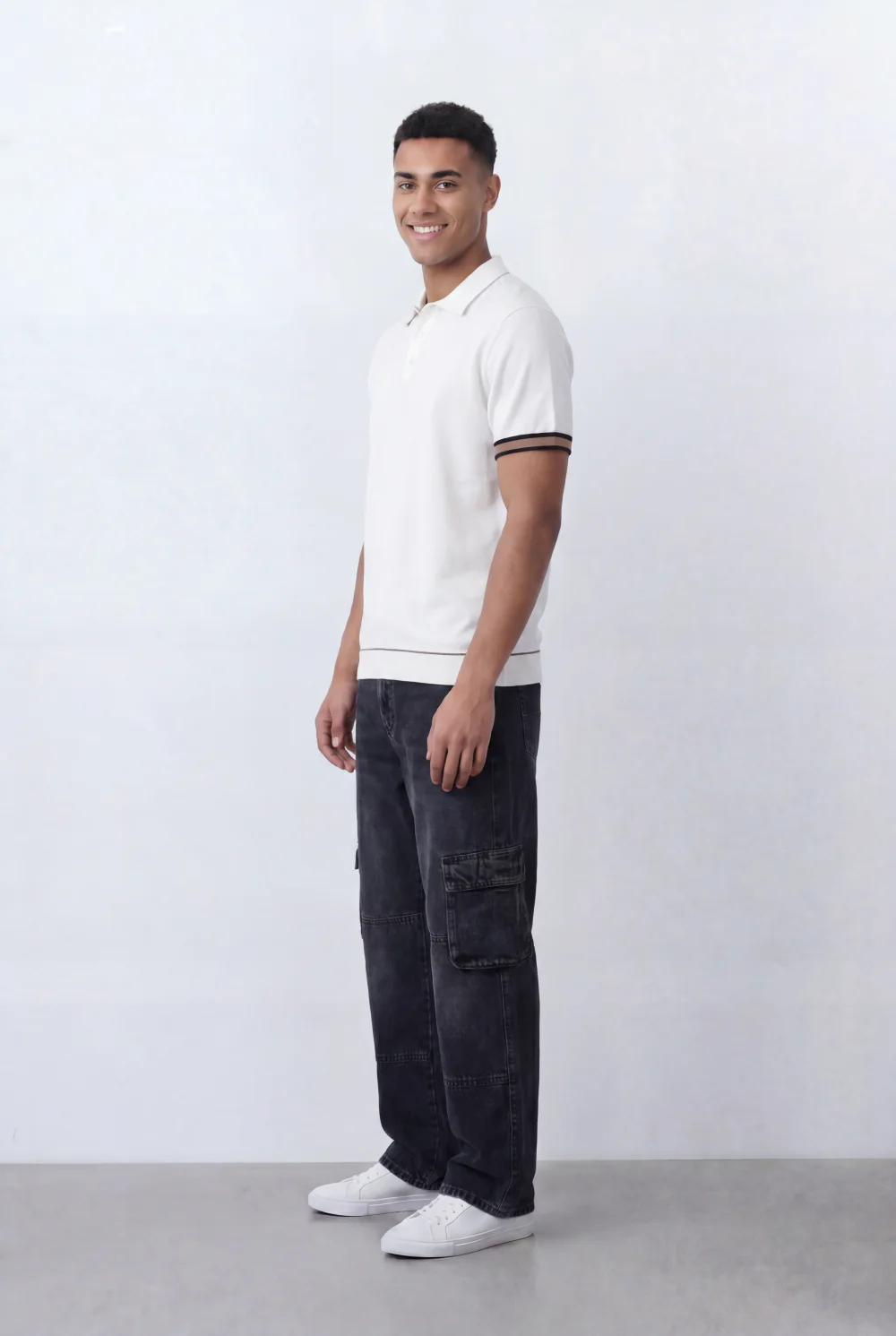 Men’s Tomato Store Knit Polo Contrast Stripe Sleeve Details Ribbed Hem Finish Slim Fit T-Shirt - Image 8