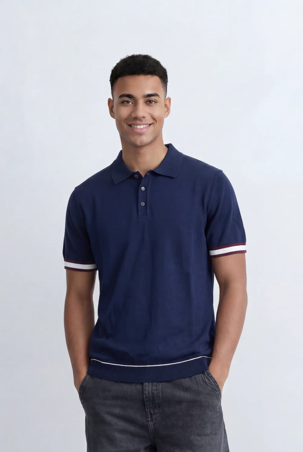 Men’s Tomato Store Knit Polo Contrast Stripe Sleeve Details Ribbed Hem Finish Slim Fit T-Shirt - Image 9
