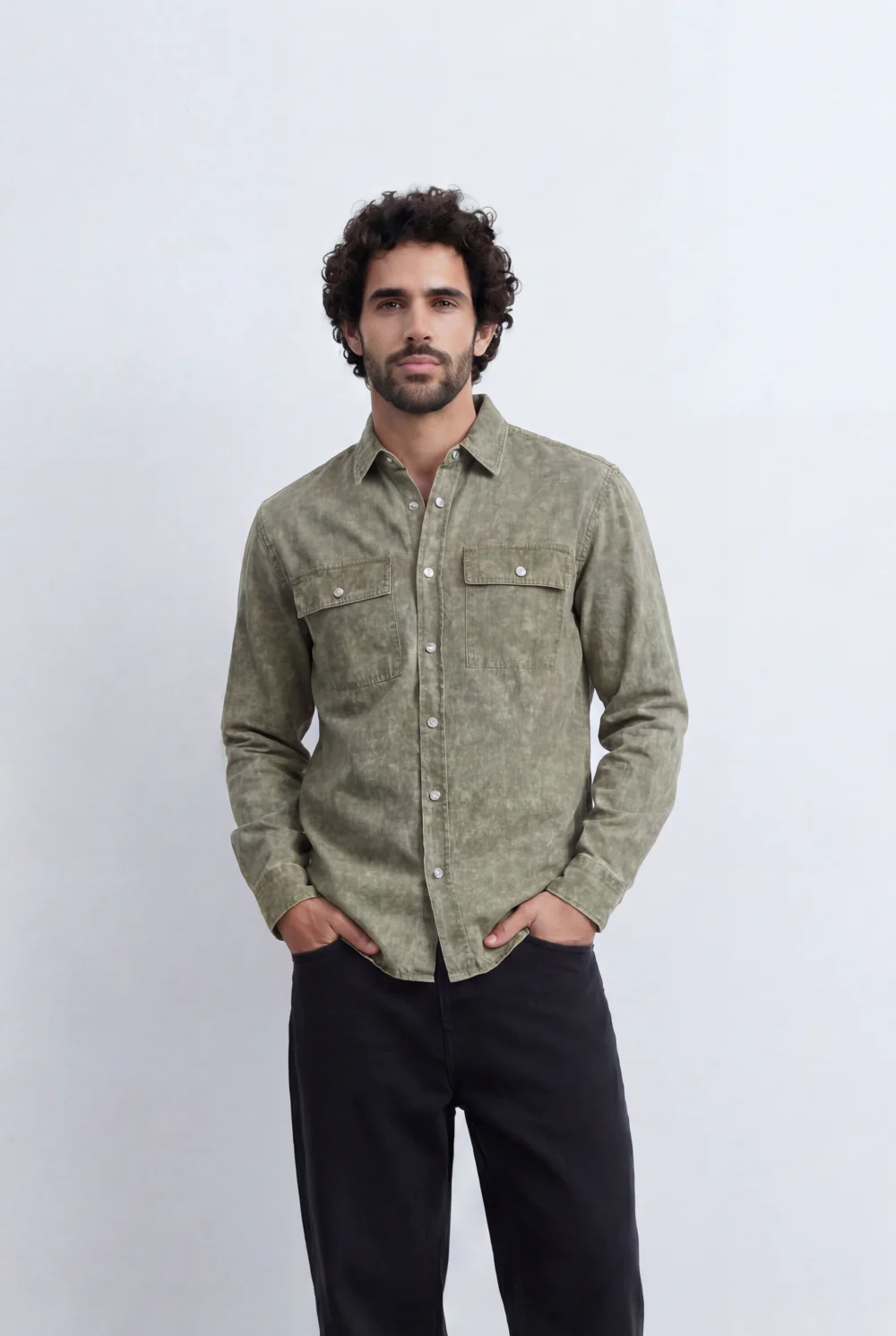 Men’s Tomato Store Mineral Wash Utility Shirt Dual Flap Pocket Design Faded Vintage Surface Snap Button