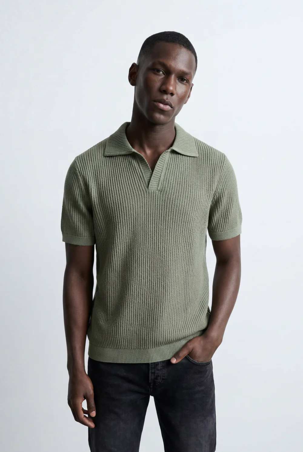 Men’s Tomato Store Ribbed Polo Knit Open Collar Design Vertical Texture Pattern Regular Tailored Fit T-Shirt - Image 11