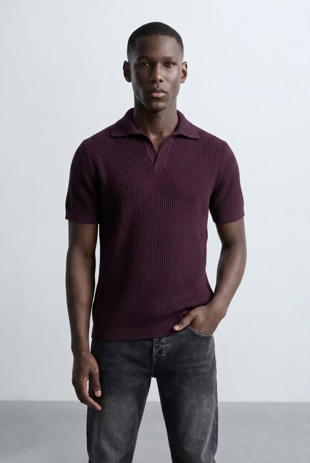 Men’s Tomato Store Ribbed Polo Knit Open Collar Design Vertical Texture Pattern Regular Tailored Fit T-Shirt - Image 21