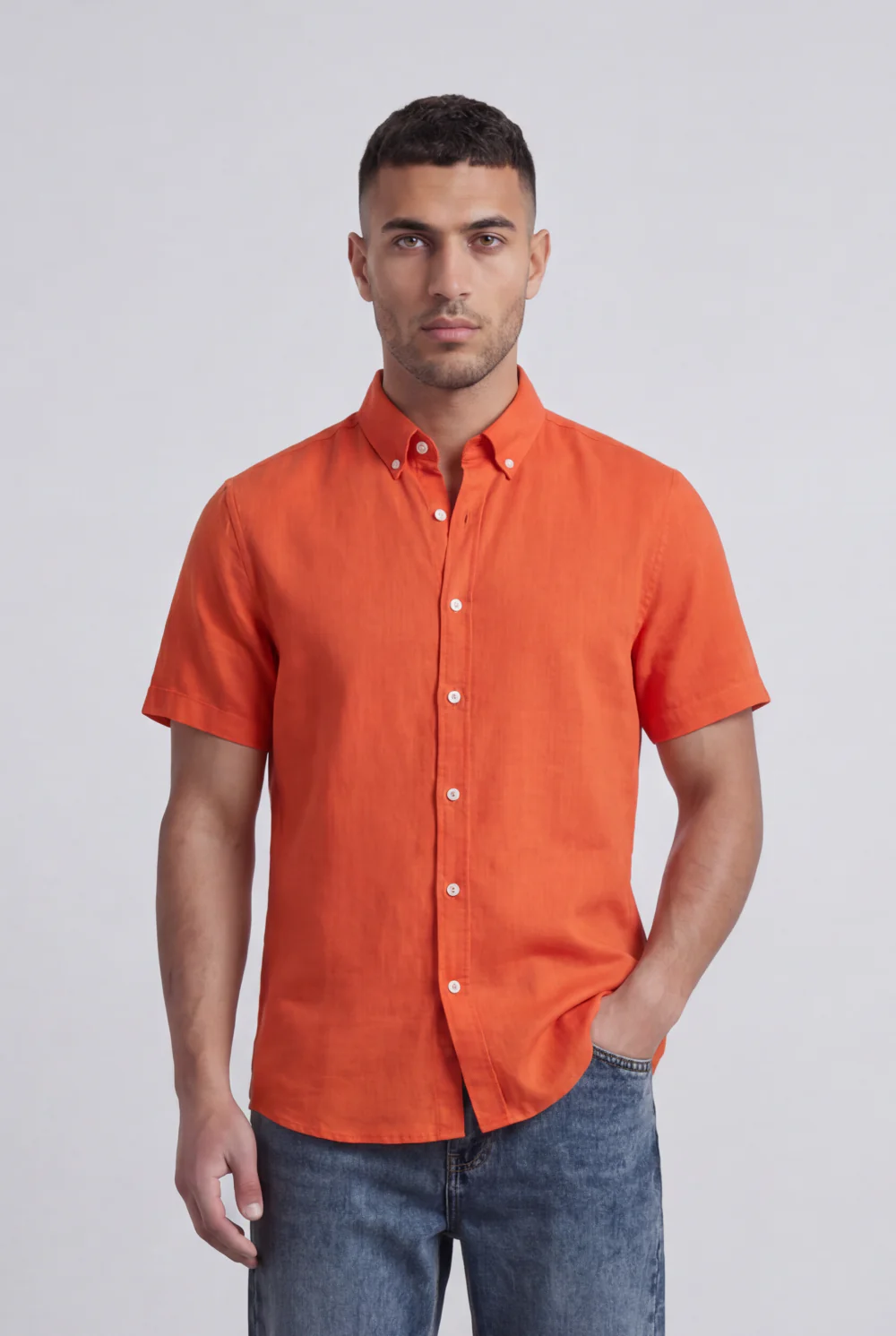 Men’s Tomato Store Shirt With Button Down Collar Short Sleeves Front Placket Texture Curved Hem Regular Fit - Image 17