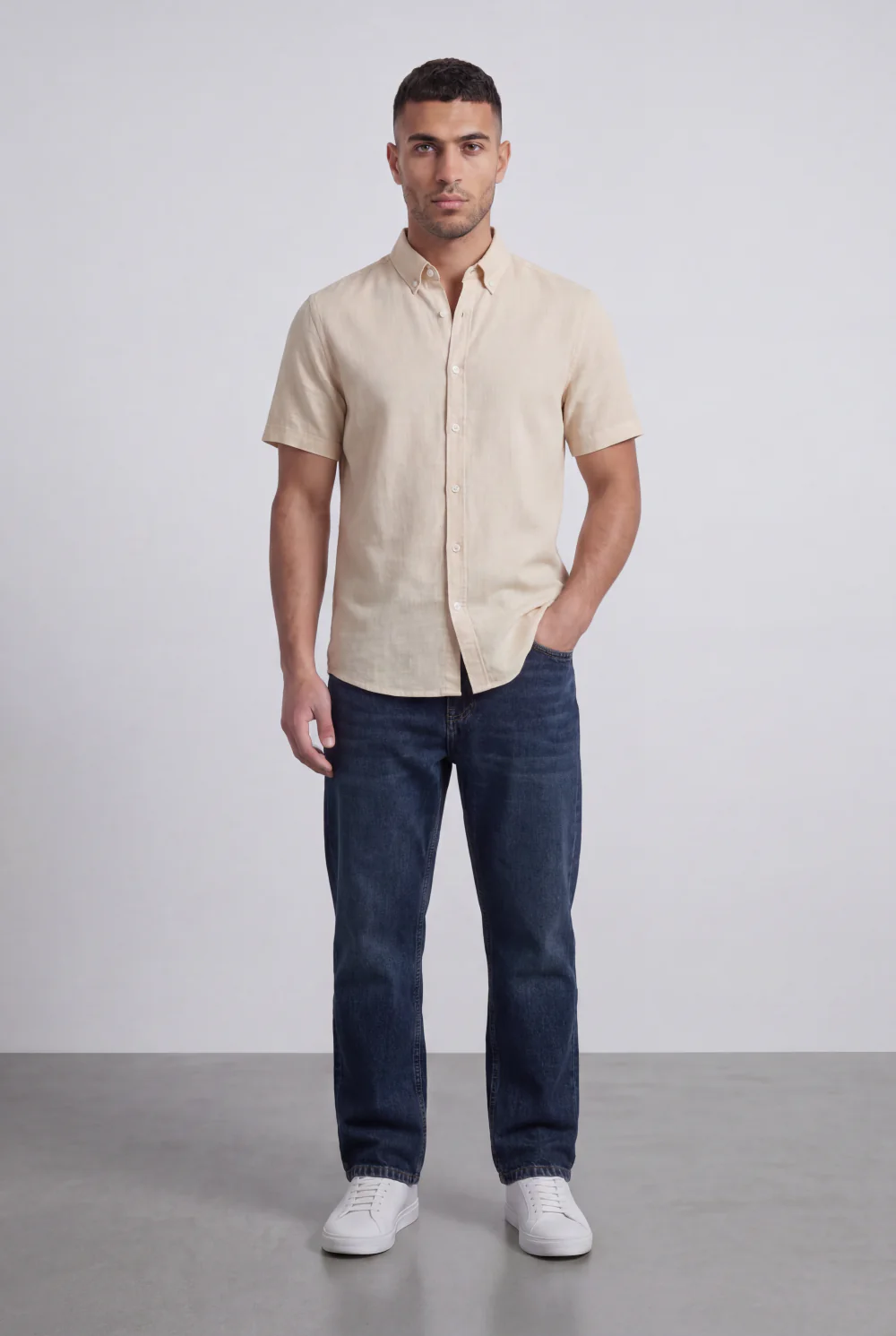 Men’s Tomato Store Shirt With Button Down Collar Short Sleeves Front Placket Texture Curved Hem Regular Fit - Image 3
