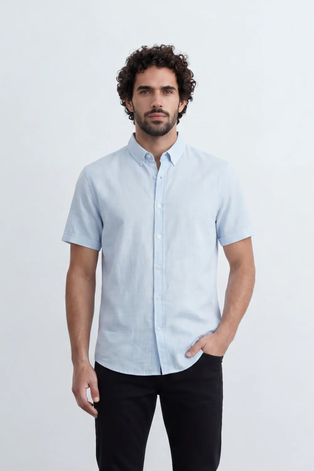 Men’s Tomato Store Shirt With Button Down Collar Short Sleeves Front Placket Texture Curved Hem Regular Fit - Image 37