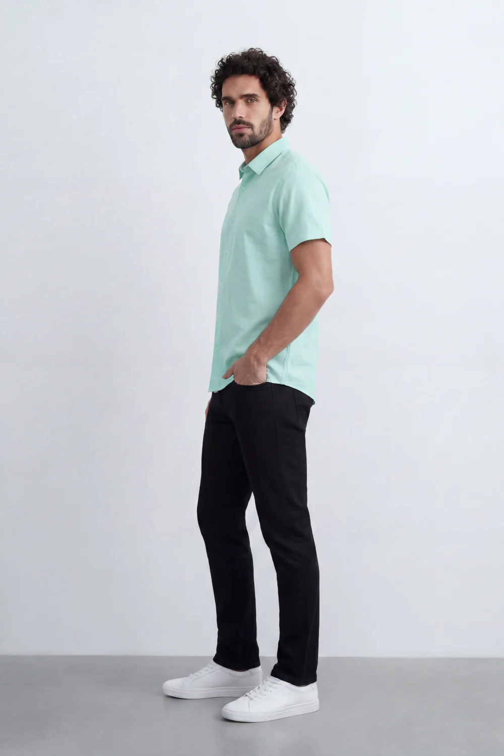 Men’s Tomato Store Shirt With Button Down Collar Short Sleeves Front Placket Texture Curved Hem Regular Fit - Image 48