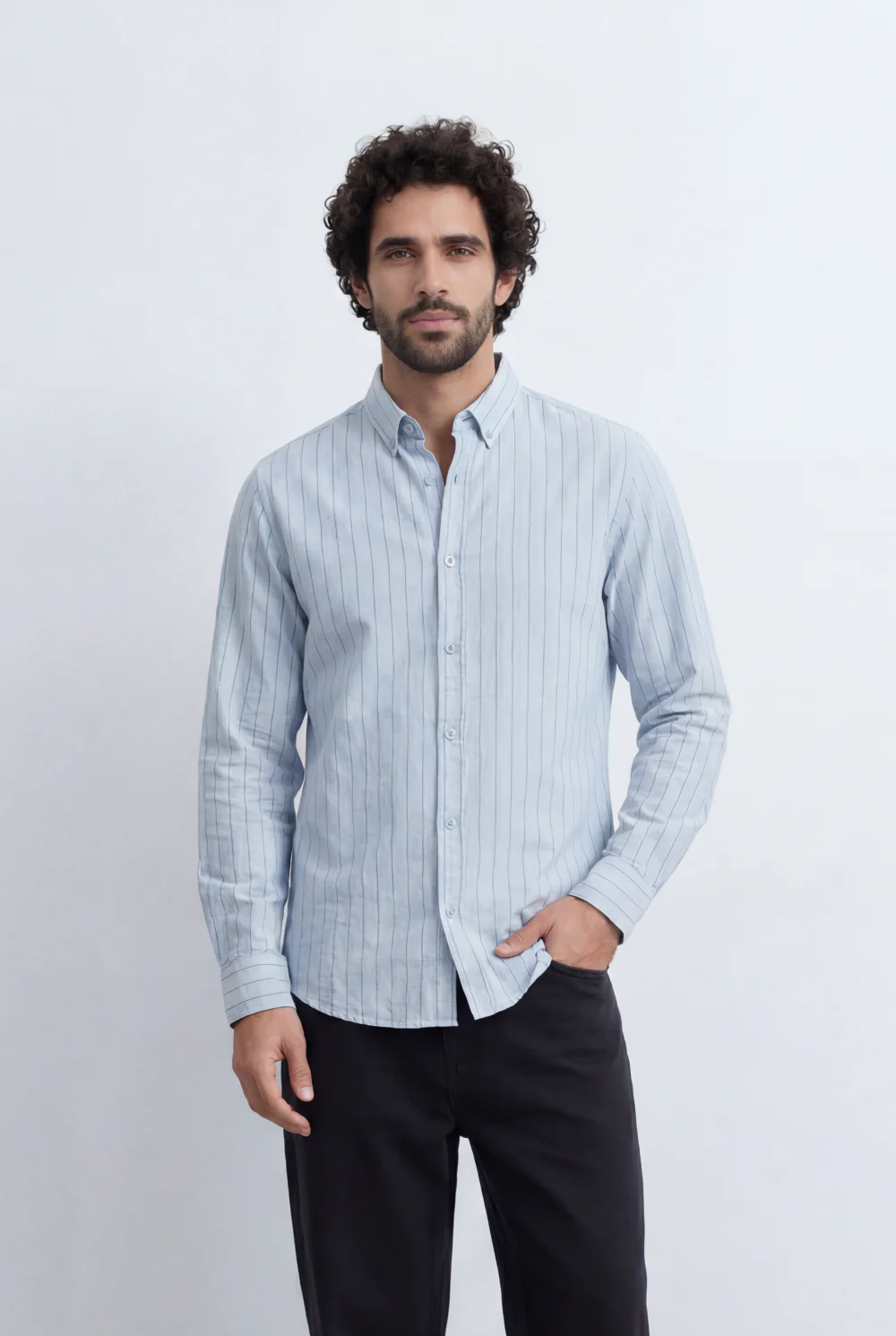 Men’s Tomato Store Slim Stripe Shirt Contrast Button Detail Vertical Line Pattern - Image 5