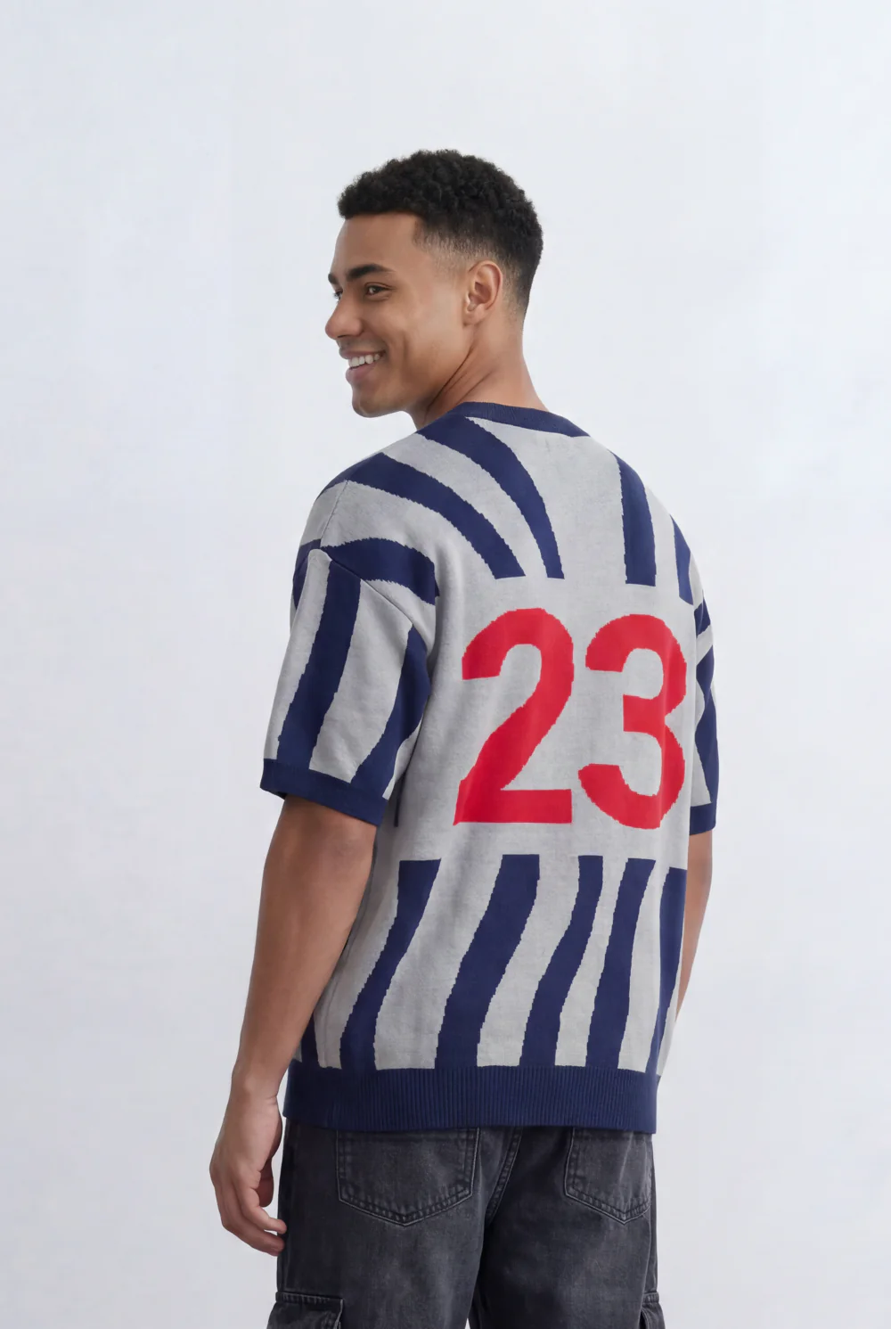 Men’s Tomato Store Statement Knit T-Shirt Bold Contrast Stripes Front Typography Detail Oversize - Image 10