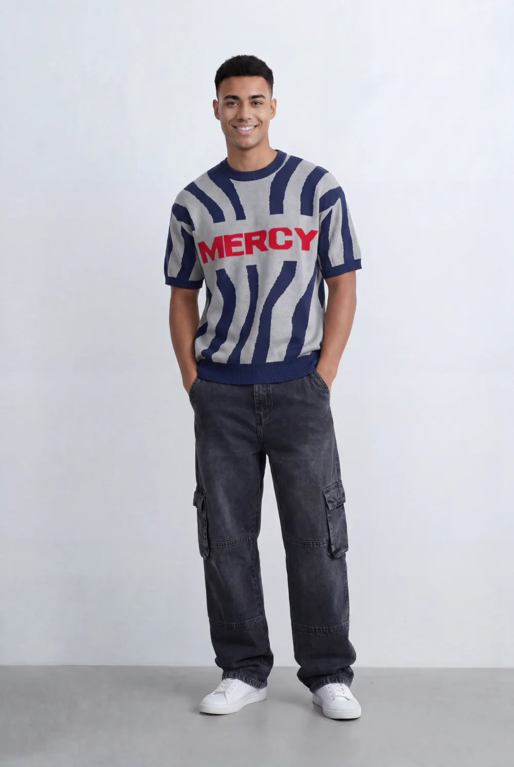 Men’s Tomato Store Statement Knit T-Shirt Bold Contrast Stripes Front Typography Detail Oversize - Image 11