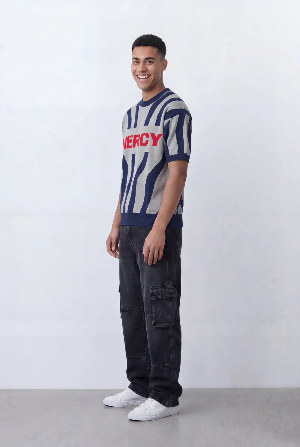 Men’s Tomato Store Statement Knit T-Shirt Bold Contrast Stripes Front Typography Detail Oversize - Image 12