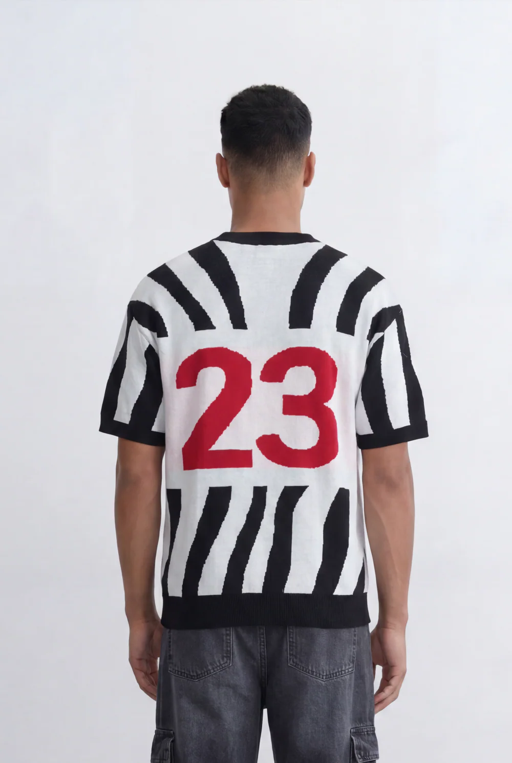 Men’s Tomato Store Statement Knit T-Shirt Bold Contrast Stripes Front Typography Detail Oversize - Image 2