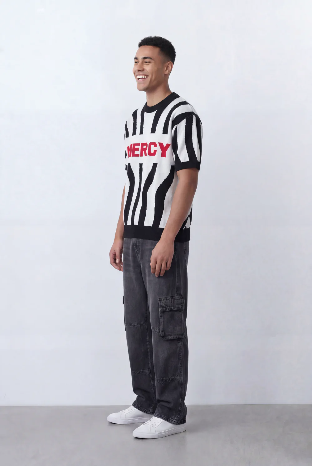 Men’s Tomato Store Statement Knit T-Shirt Bold Contrast Stripes Front Typography Detail Oversize - Image 3