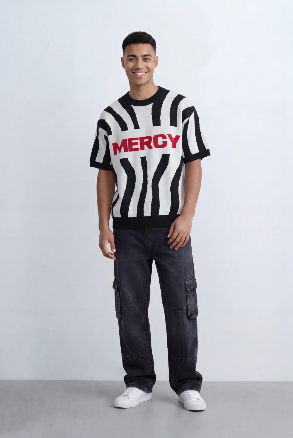 Men’s Tomato Store Statement Knit T-Shirt Bold Contrast Stripes Front Typography Detail Oversize - Image 4