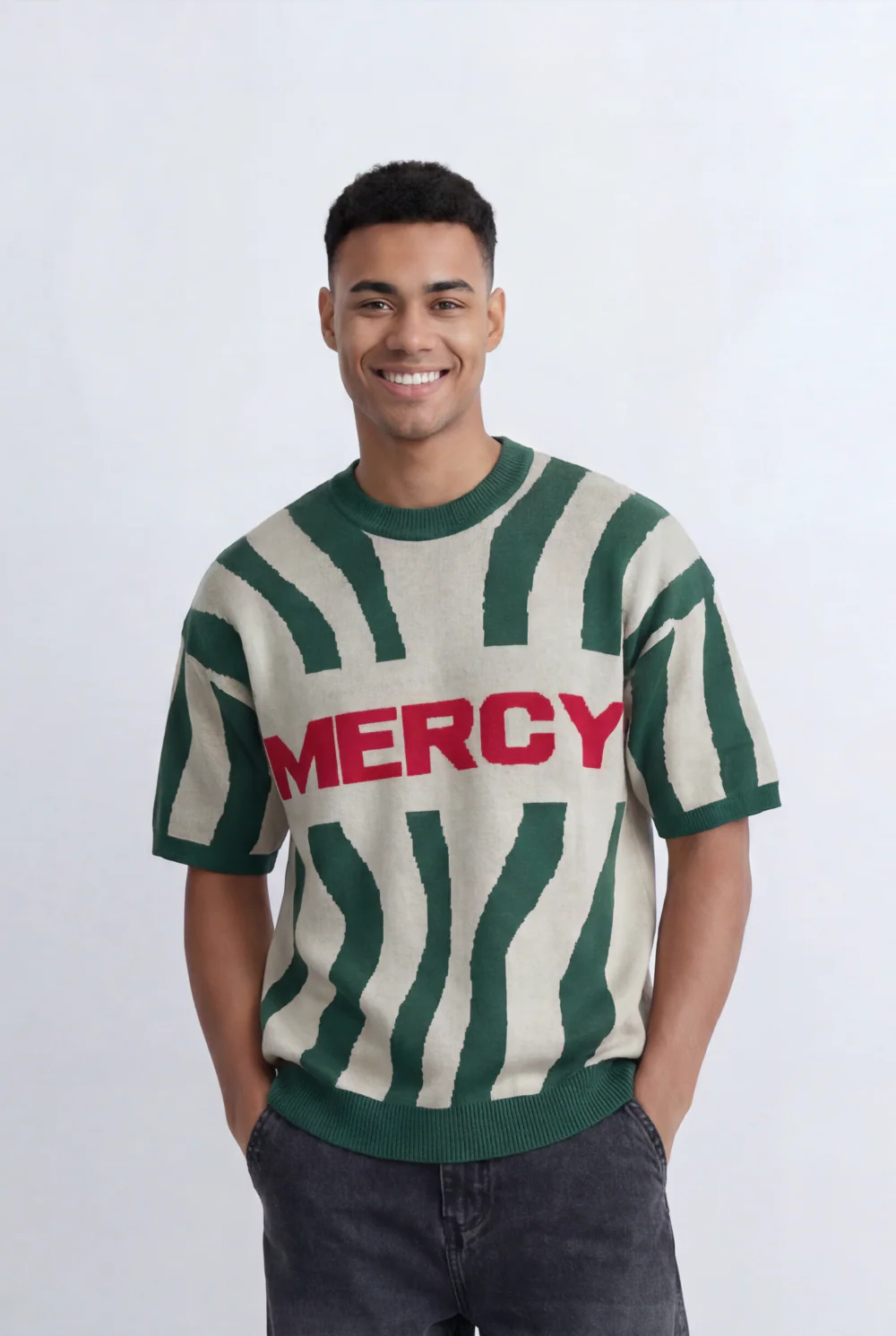 Men’s Tomato Store Statement Knit T-Shirt Bold Contrast Stripes Front Typography Detail Oversize - Image 5