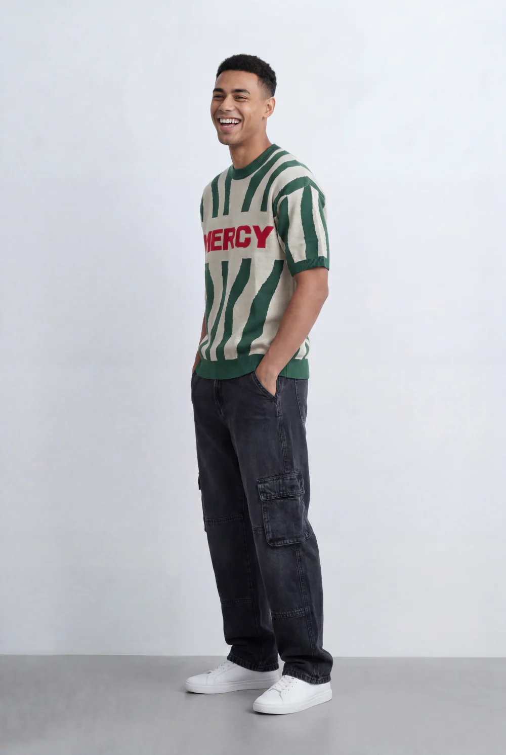 Men’s Tomato Store Statement Knit T-Shirt Bold Contrast Stripes Front Typography Detail Oversize - Image 8