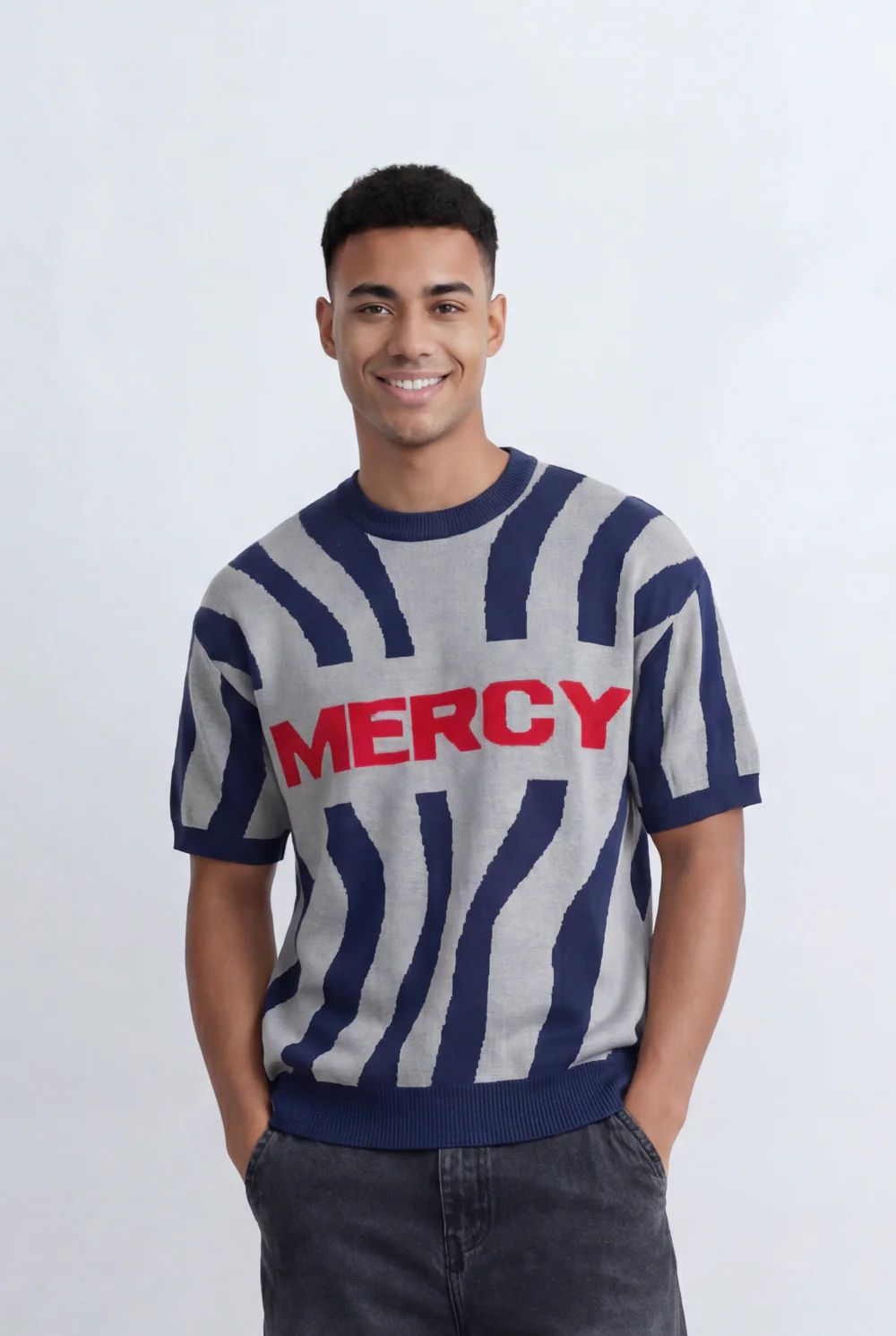 Men’s Tomato Store Statement Knit T-Shirt Bold Contrast Stripes Front Typography Detail Oversize - Image 9