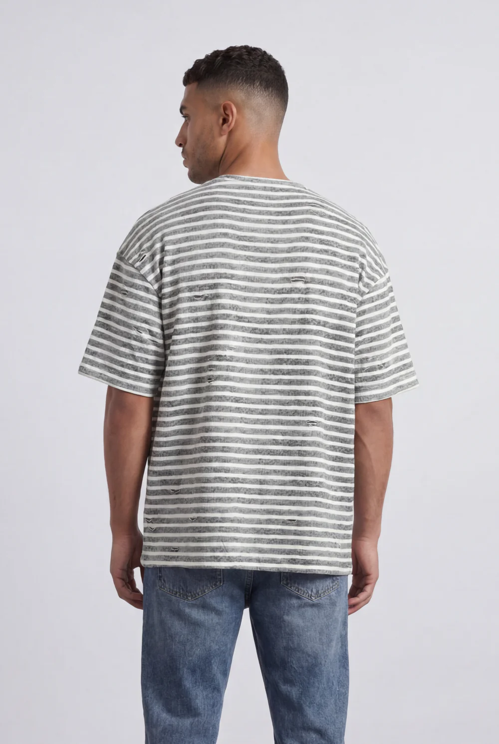 Men’s Tomato Store Striped Slub T-Shirt With Washed Lines Relaxed Fit Ribbed Crew Neck - Image 2