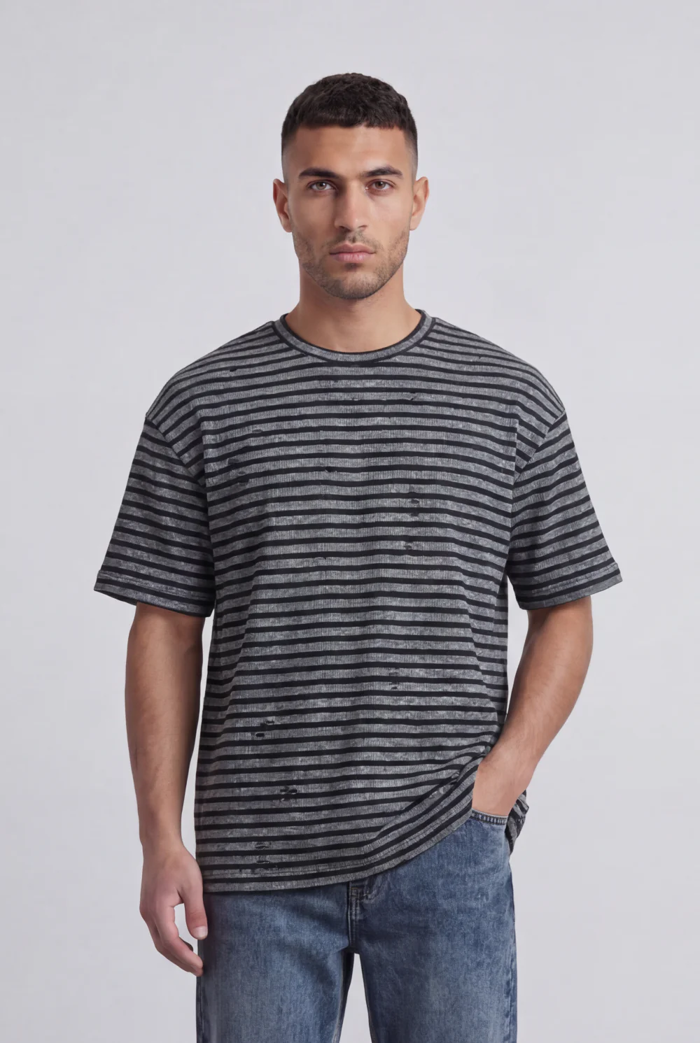 Men’s Tomato Store Striped Slub T-Shirt With Washed Lines Relaxed Fit Ribbed Crew Neck - Image 5
