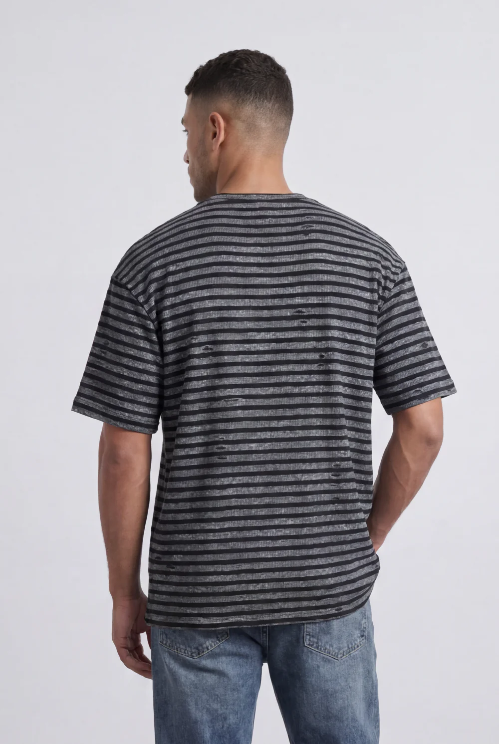 Men’s Tomato Store Striped Slub T-Shirt With Washed Lines Relaxed Fit Ribbed Crew Neck - Image 6
