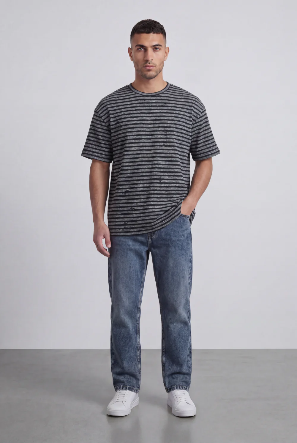 Men’s Tomato Store Striped Slub T-Shirt With Washed Lines Relaxed Fit Ribbed Crew Neck - Image 7