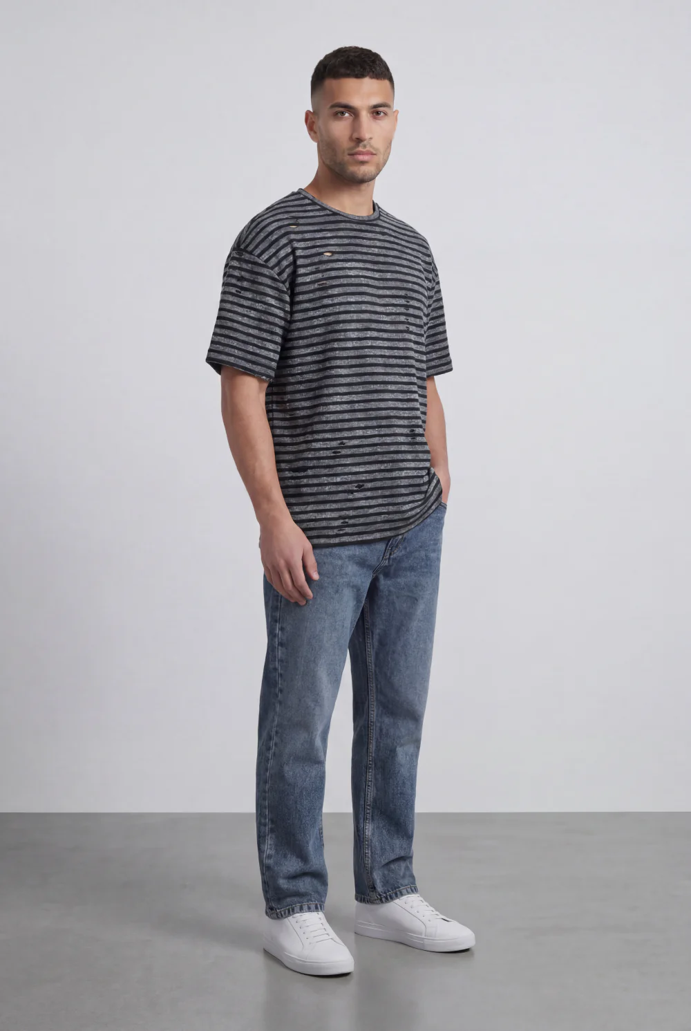 Men’s Tomato Store Striped Slub T-Shirt With Washed Lines Relaxed Fit Ribbed Crew Neck - Image 8