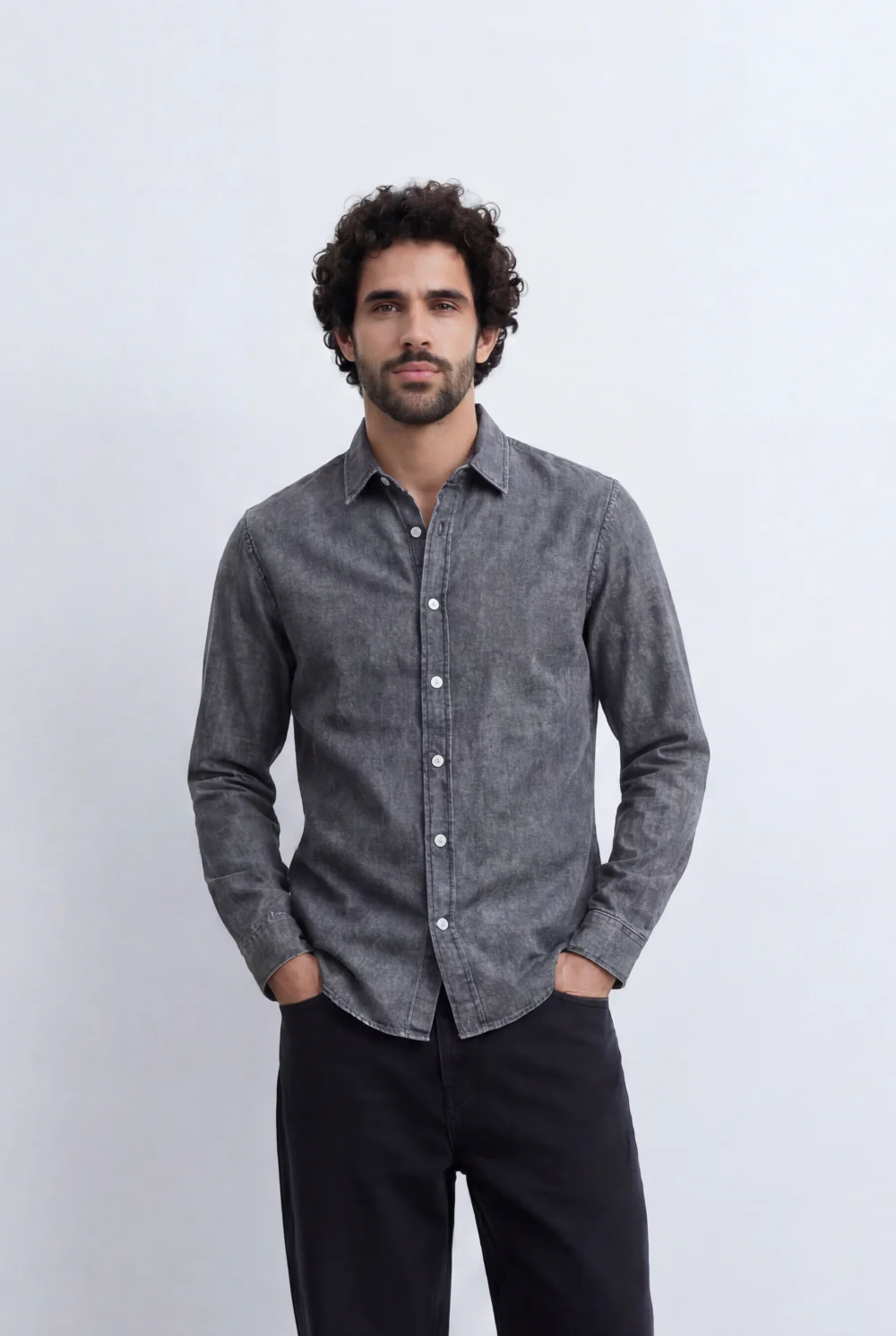 Men’s Tomato Store Washed Chambray Jeans Shirt Soft Fade Texture Finish Clean Tailored Slim Fit