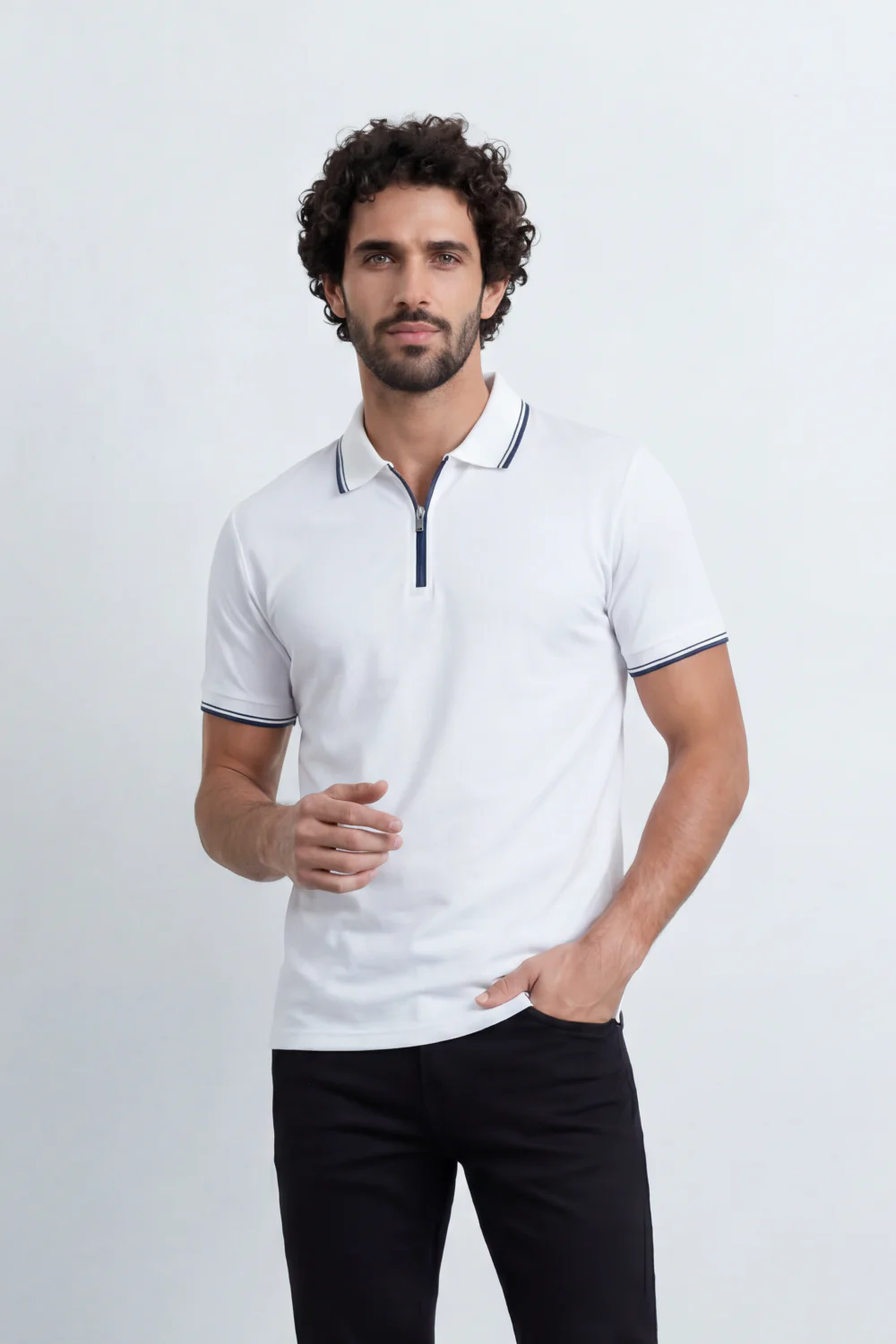 Men’s Tomato Store Zip Trim T-Shirt Polo Clean Solid Surface With Fine Micro Grain Texture Half Zip Front Contrast Tipping Trims Slim Fit - Image 13