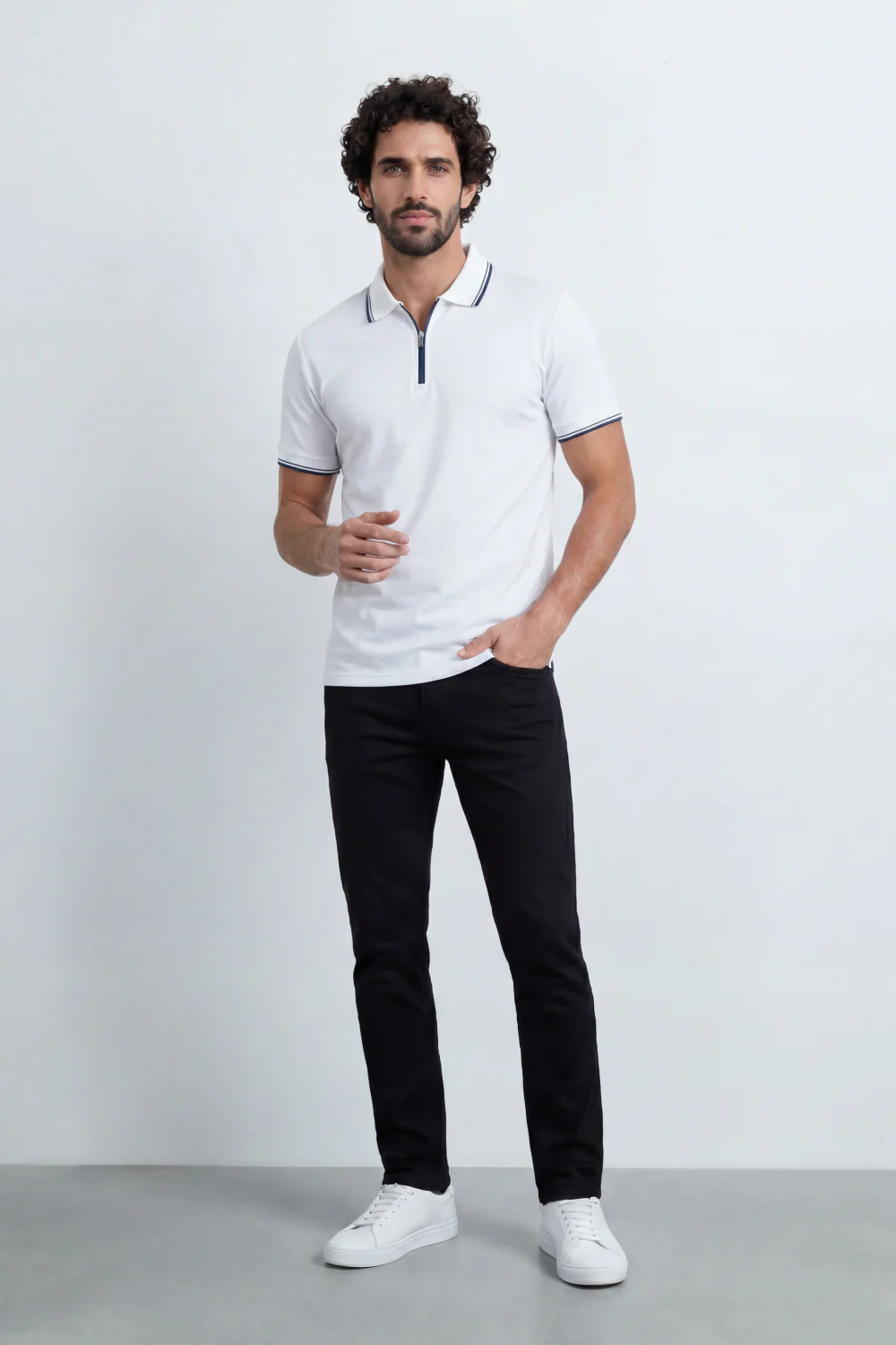 Men’s Tomato Store Zip Trim T-Shirt Polo Clean Solid Surface With Fine Micro Grain Texture Half Zip Front Contrast Tipping Trims Slim Fit - Image 15