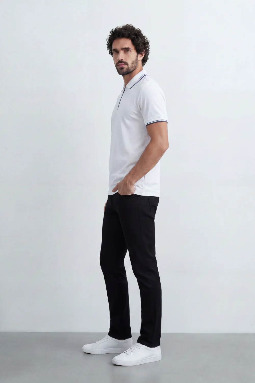 Men’s Tomato Store Zip Trim T-Shirt Polo Clean Solid Surface With Fine Micro Grain Texture Half Zip Front Contrast Tipping Trims Slim Fit - Image 16