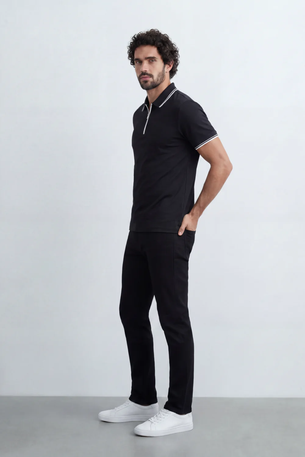 Men’s Tomato Store Zip Trim T-Shirt Polo Clean Solid Surface With Fine Micro Grain Texture Half Zip Front Contrast Tipping Trims Slim Fit - Image 8