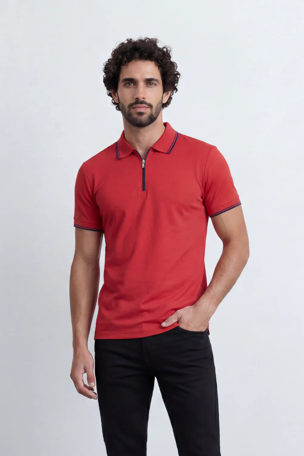 Men’s Tomato Store Zip Trim T-Shirt Polo Clean Solid Surface With Fine Micro Grain Texture Half Zip Front Contrast Tipping Trims Slim Fit - Image 9