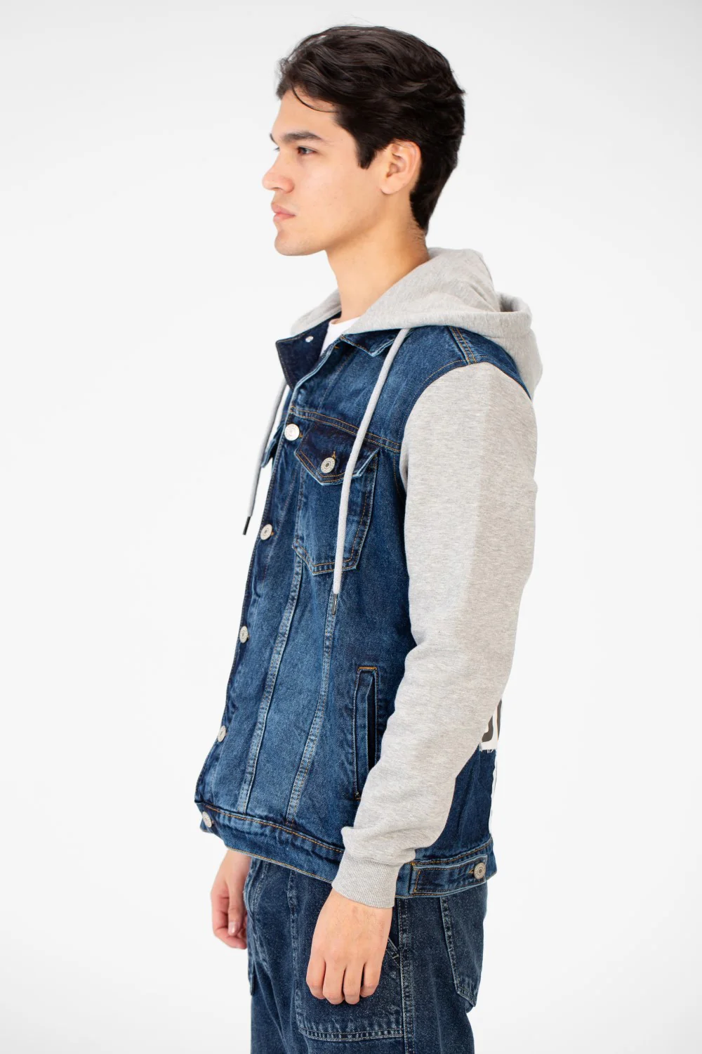 Men's Back Text Print Denim Jacket With Melton Sleeves And Hood - Image 11