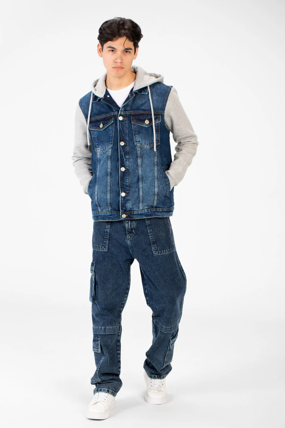 Men's Back Text Print Denim Jacket With Melton Sleeves And Hood - Image 12