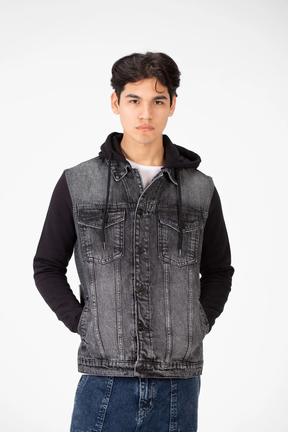Men's Back Text Print Denim Jacket With Melton Sleeves And Hood - Image 13