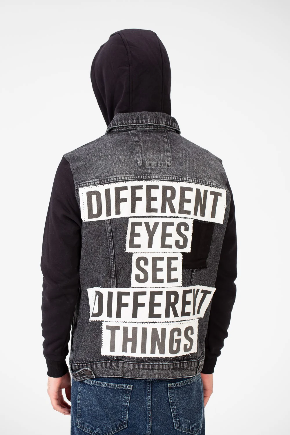 Men's Back Text Print Denim Jacket With Melton Sleeves And Hood - Image 14