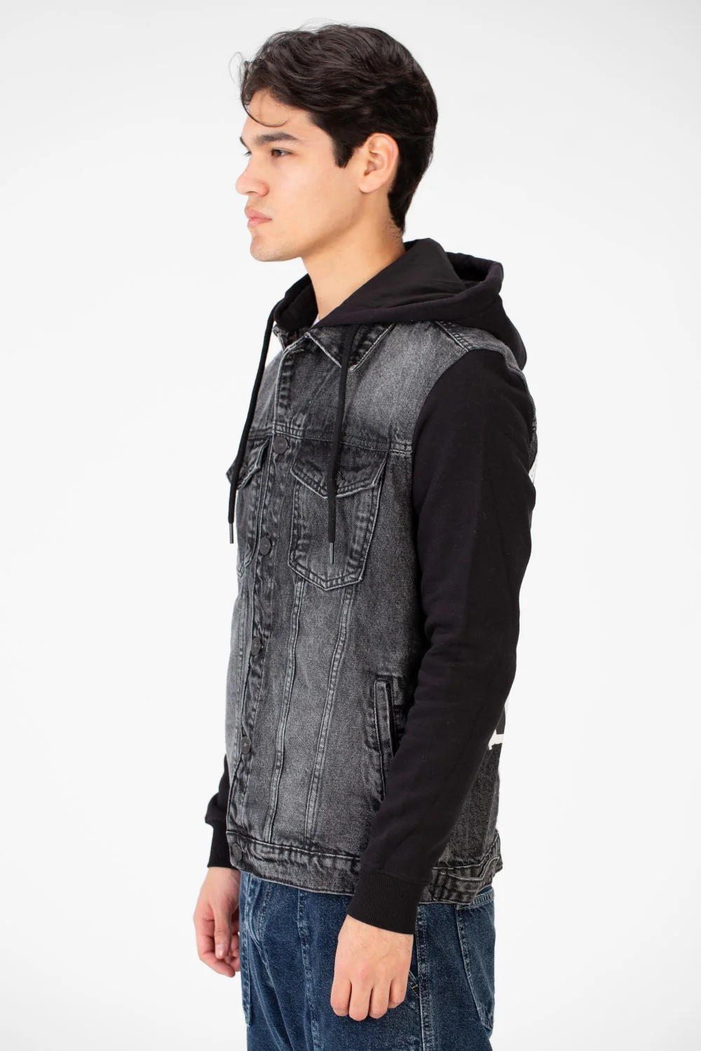 Men's Back Text Print Denim Jacket With Melton Sleeves And Hood - Image 15