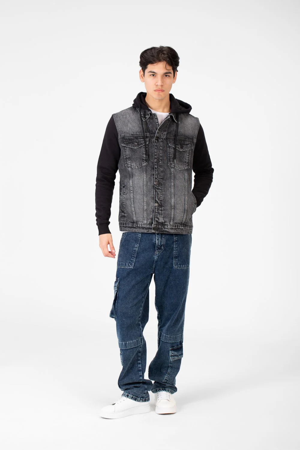 Men's Back Text Print Denim Jacket With Melton Sleeves And Hood - Image 16