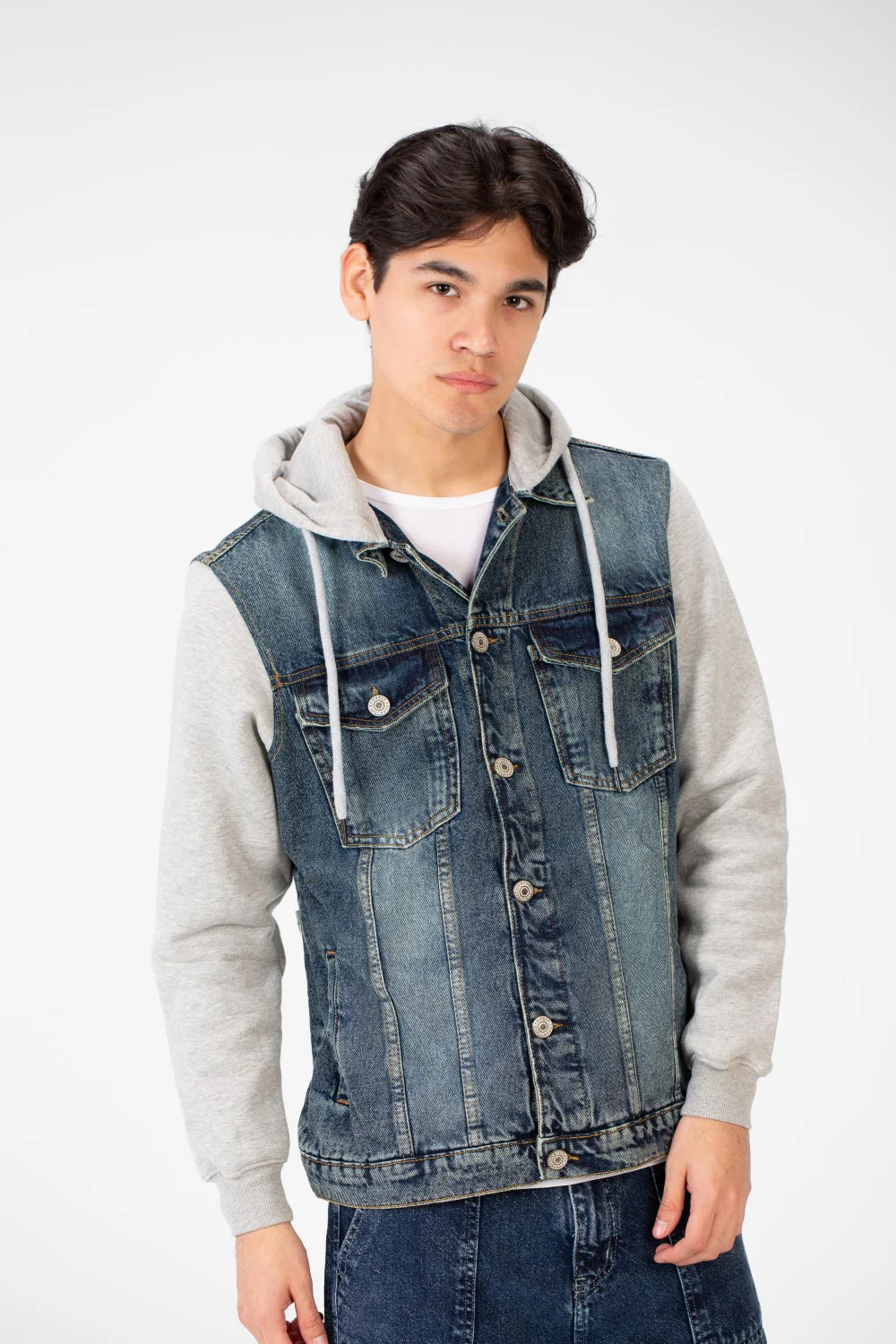 Men's Back Text Print Denim Jacket With Melton Sleeves And Hood - Image 17