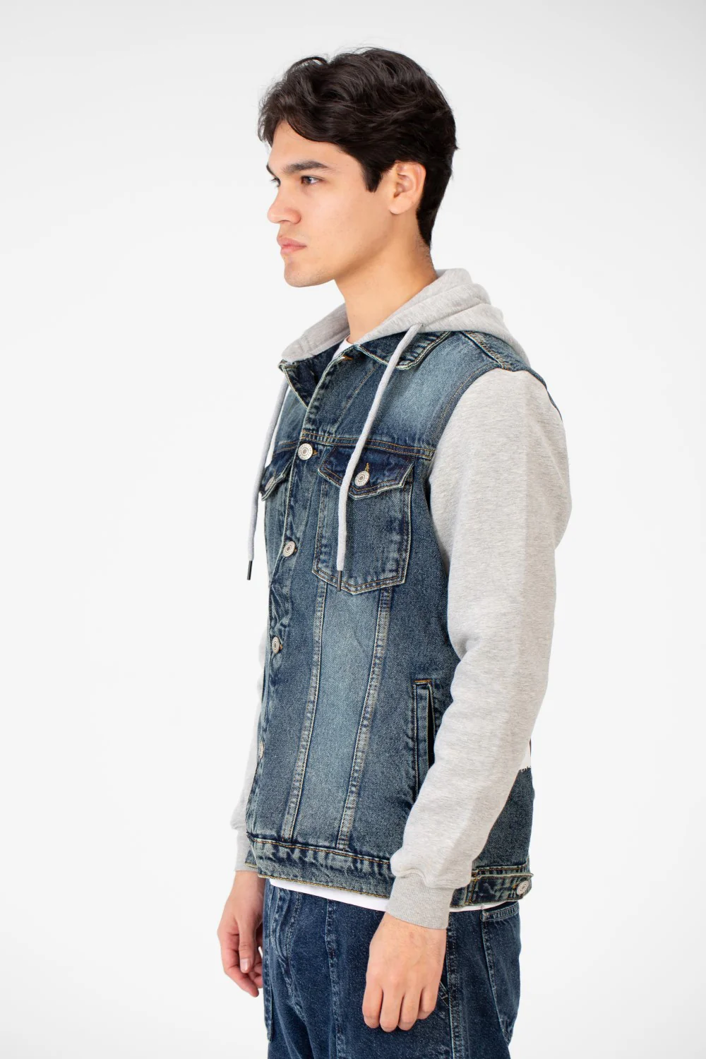 Men's Back Text Print Denim Jacket With Melton Sleeves And Hood - Image 19