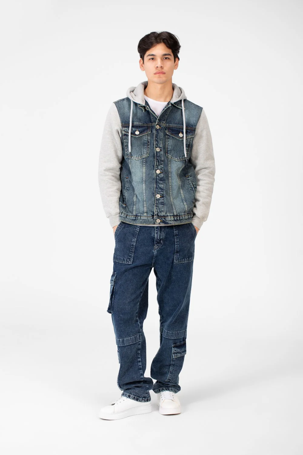 Men's Back Text Print Denim Jacket With Melton Sleeves And Hood - Image 20