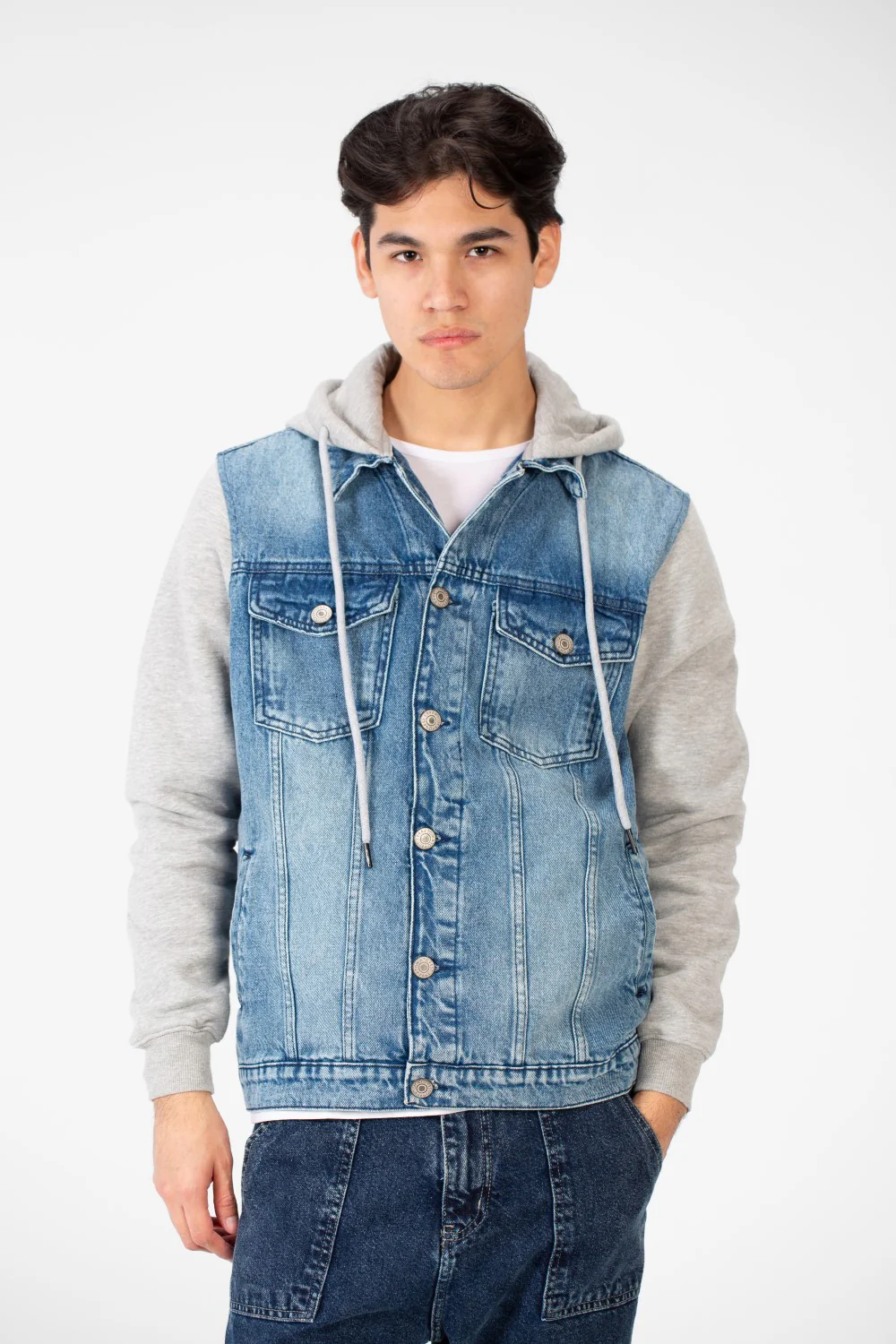 Men's Back Text Print Denim Jacket With Melton Sleeves And Hood - Image 21