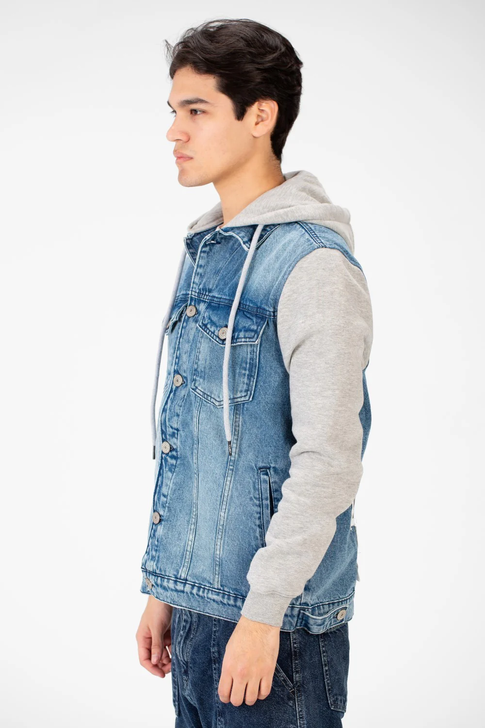 Men's Back Text Print Denim Jacket With Melton Sleeves And Hood - Image 23