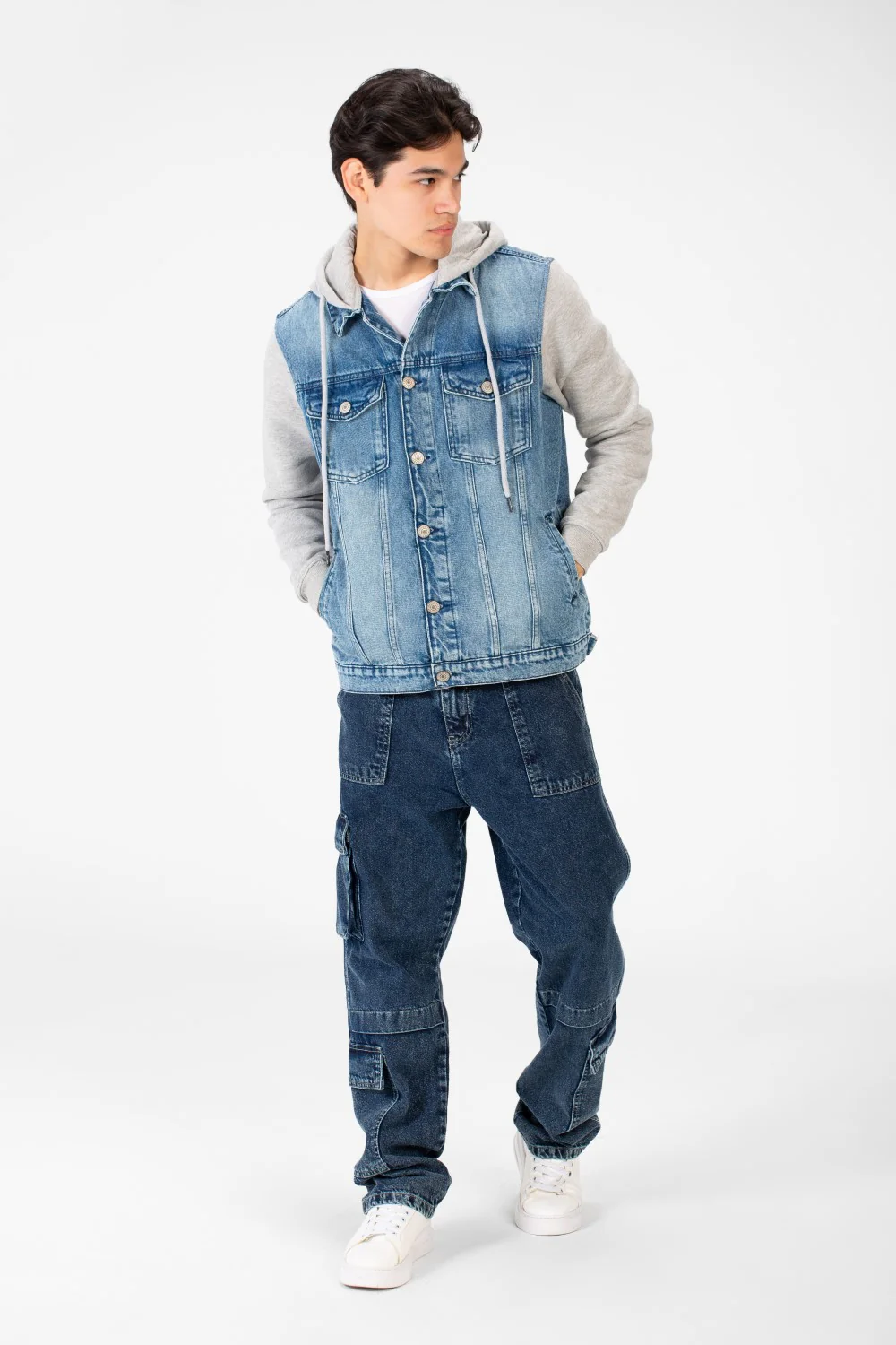 Men's Back Text Print Denim Jacket With Melton Sleeves And Hood - Image 24