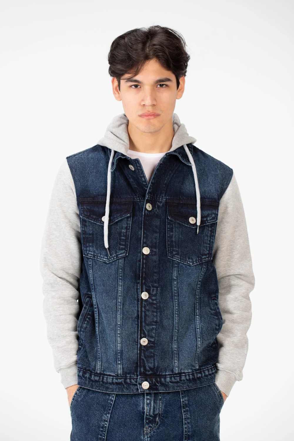 Men's Back Text Print Denim Jacket With Melton Sleeves And Hood - Image 25