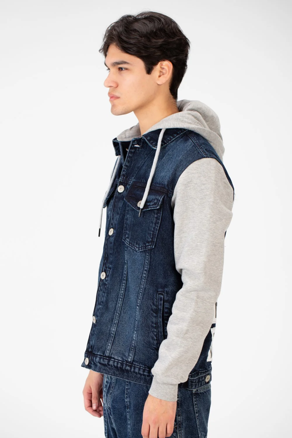 Men's Back Text Print Denim Jacket With Melton Sleeves And Hood - Image 27